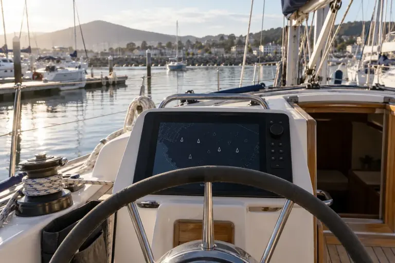 Illustrative sailboat cockpit with a marine display and boats visible across a marina.