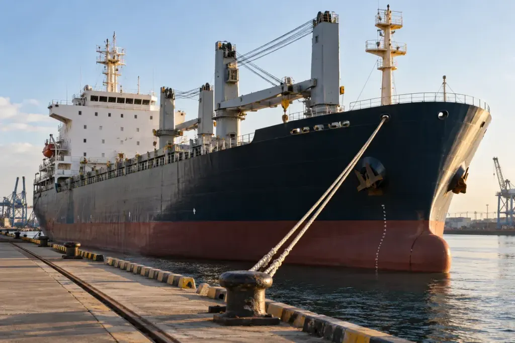 A merchant ship alongside a quay with its hull and superstructure visible.