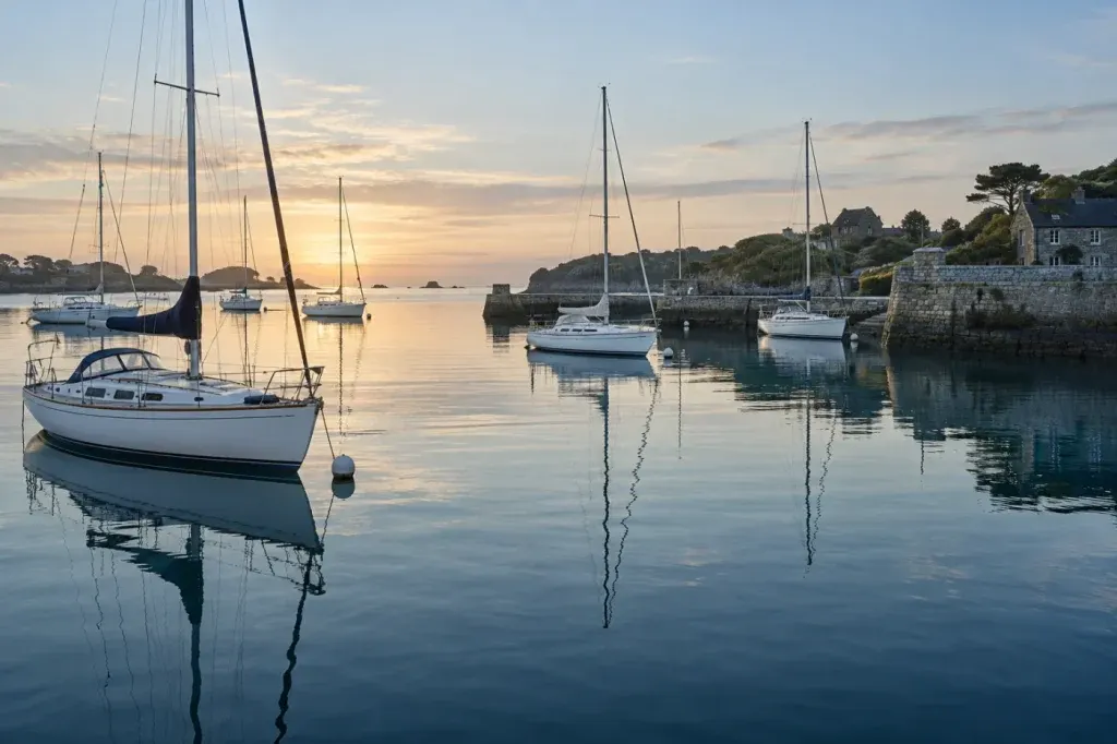 AI illustration of sailing boats in a quiet harbour at dawn