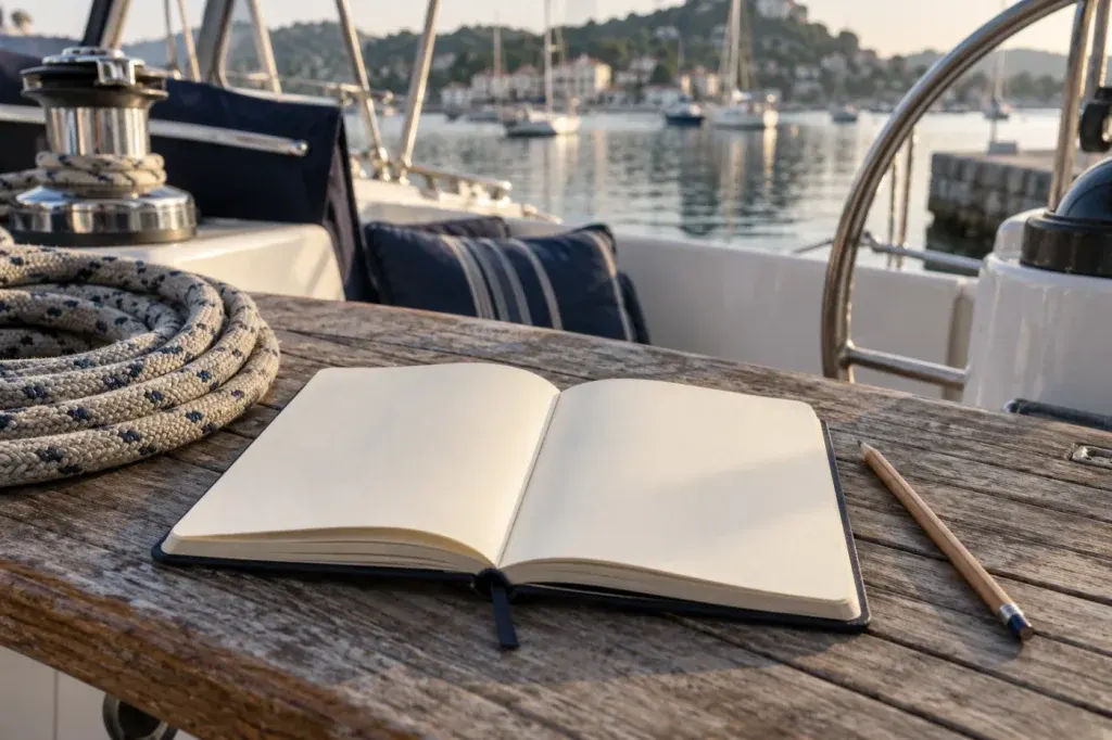 AI illustration of a blank notebook and pencil on a wooden cockpit table beside a coiled rope