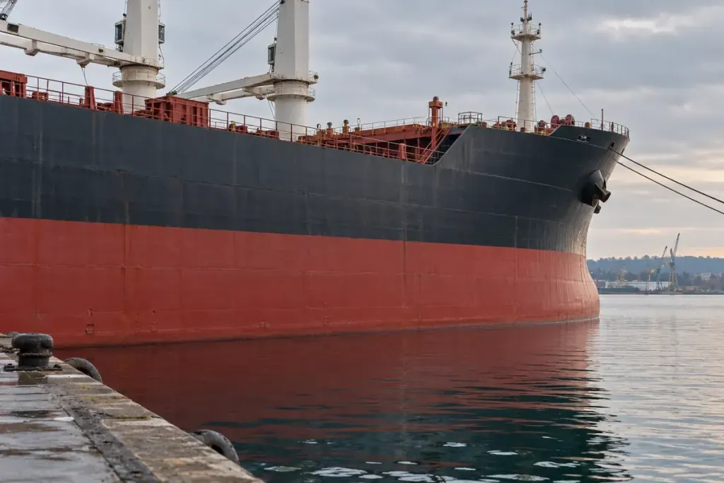 The side of a merchant ship beside calm harbour water; an illustrative scene, not a technical load-line diagram.